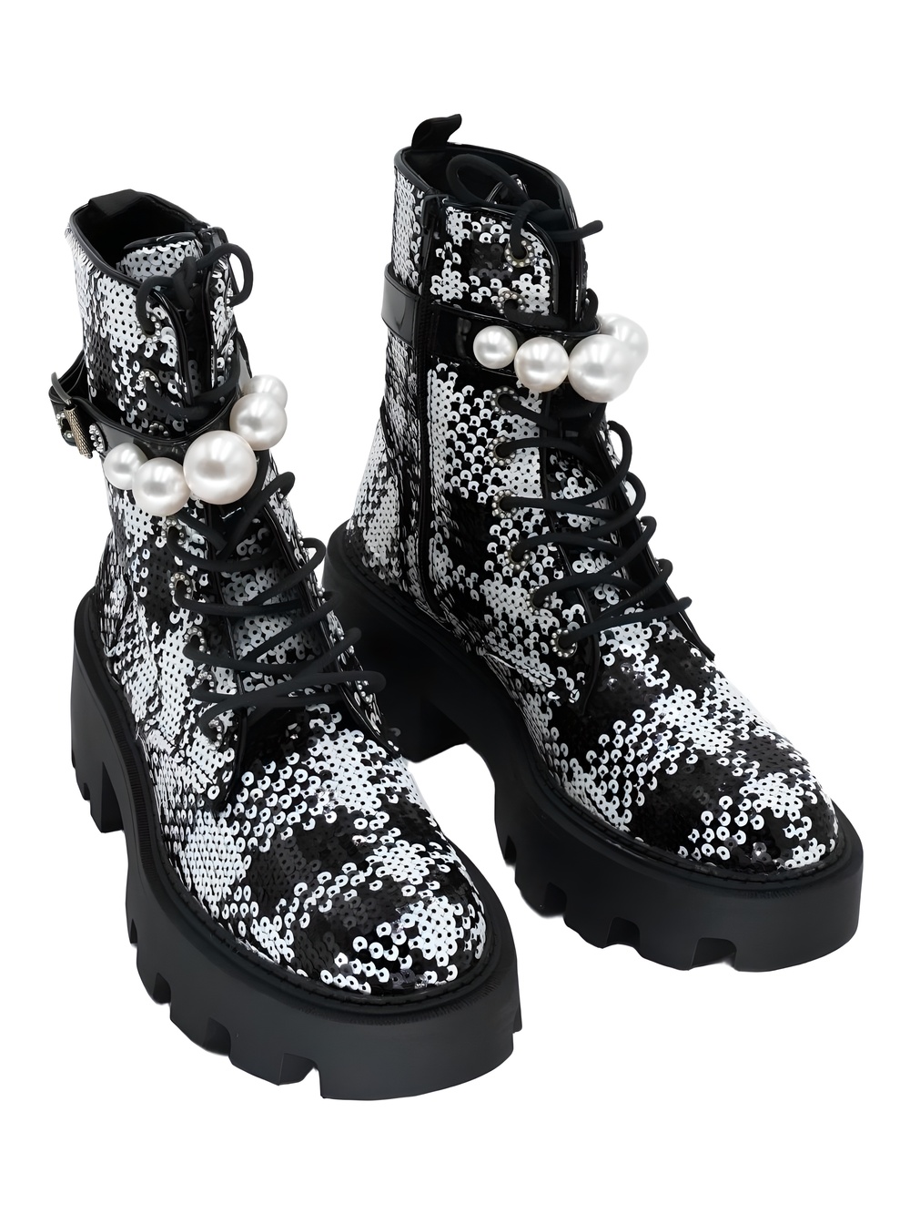 Betsey Johnson Womens Jonnie Black White Sequin Plaid Pearl Ankle Boots Size 9M